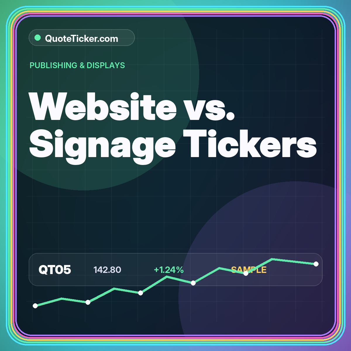 Neon typography card comparing website quote ticker and digital signage screens